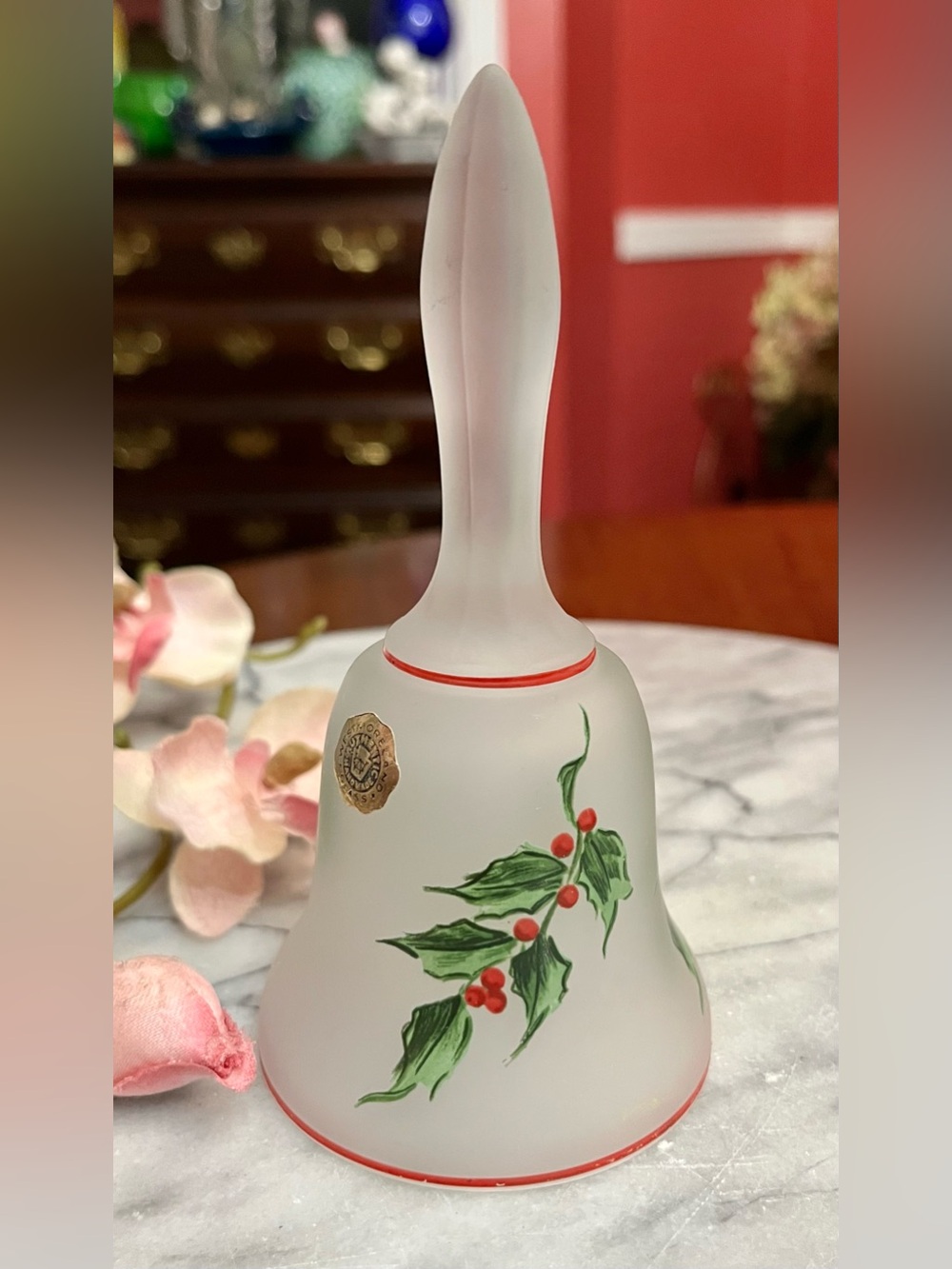 Westmoreland Glass Xmas Bell Frosted Satin Hand Painted Holly Berries/Sticker